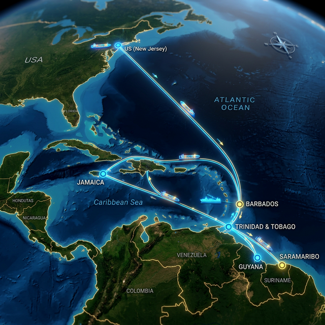 Regional shipping network map connecting US to the Caribbean