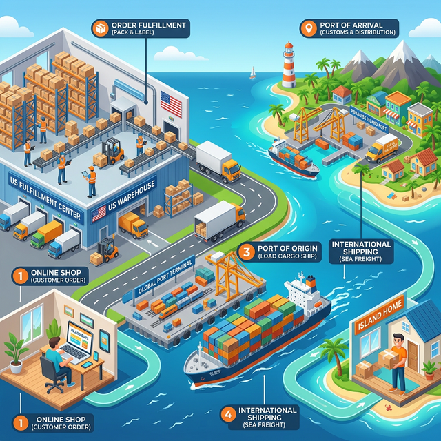 End-to-end shipping process from US warehouse to Caribbean destination
