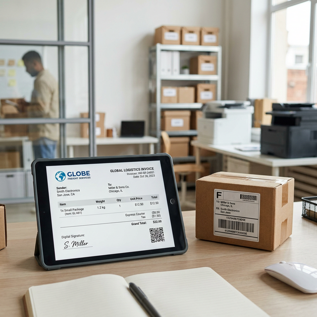 Transparent shipping invoice and package on a desk
