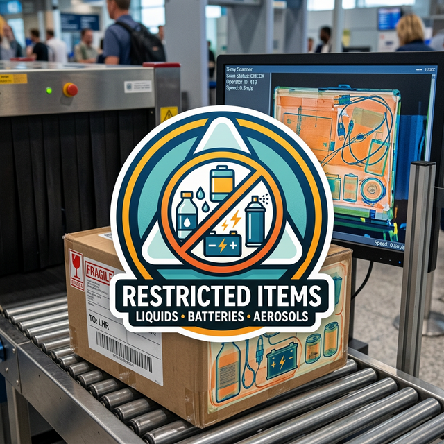 Restricted shipment warning with common prohibited items icons
