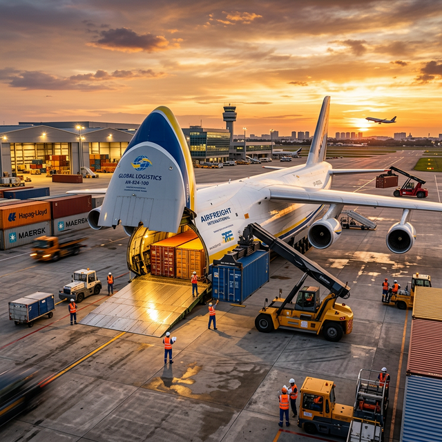 Large cargo plane being loaded with containers at sunset